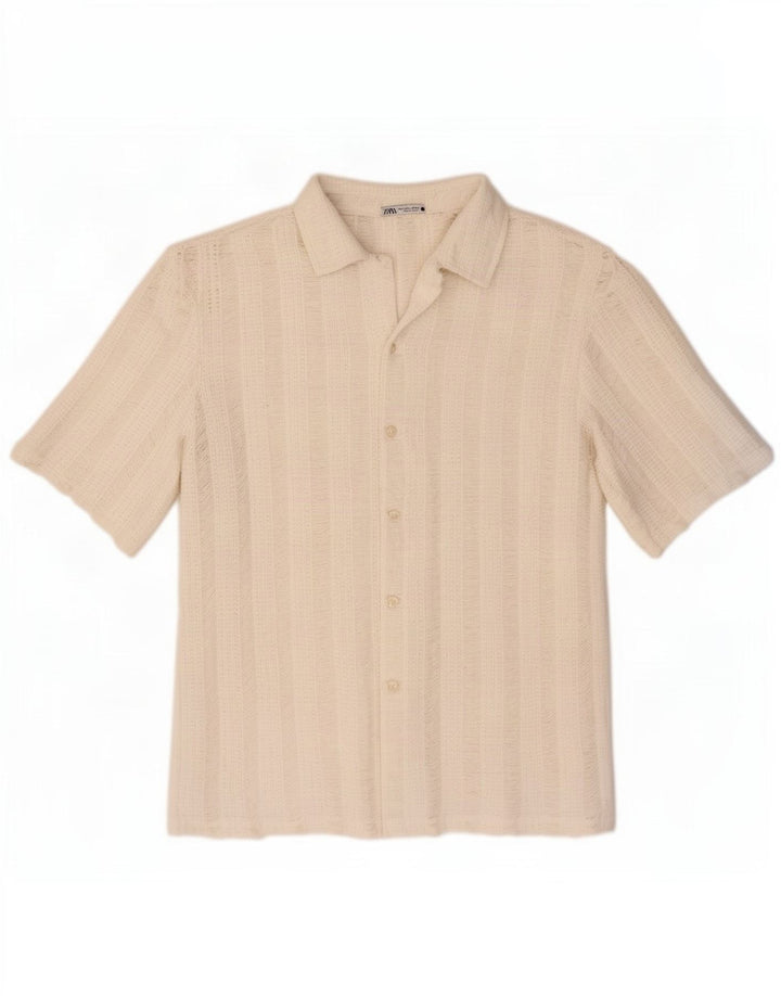 Zara Mens Short Sleeve Knit Shirt Large White Striped Polyester