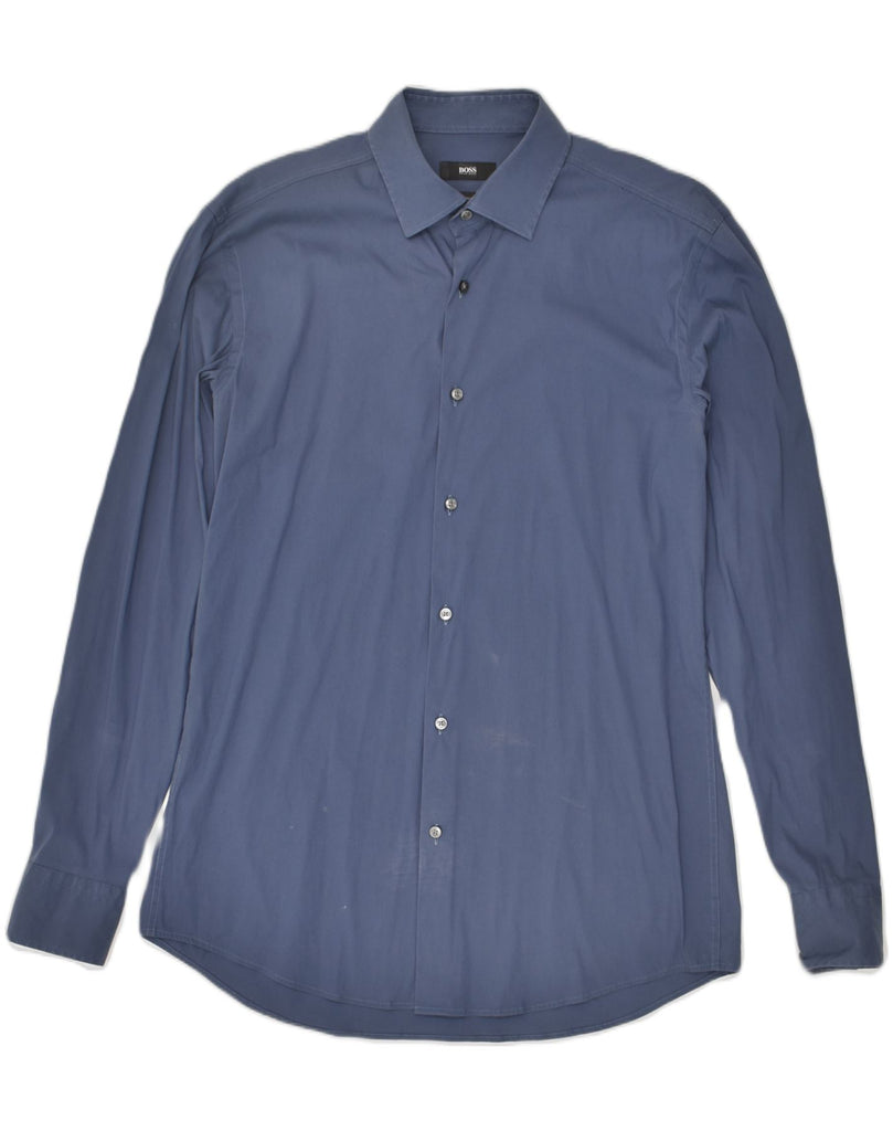 HUGO BOSS Mens Slim Fit Shirt Size 15 1/2 40 Medium Navy Blue Cotton | Vintage Hugo Boss | Thrift | Second-Hand Hugo Boss | Used Clothing | Messina Hembry 