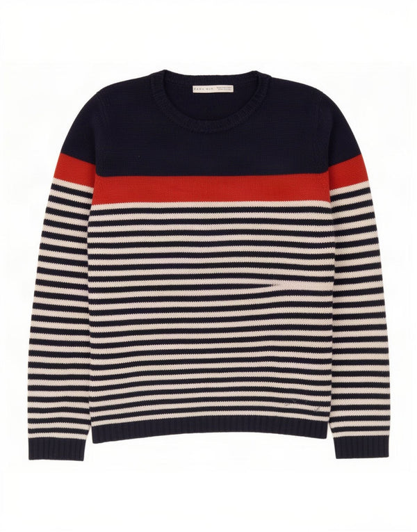 Zara Mens Boat Neck Jumper Sweater Medium Navy Blue Striped