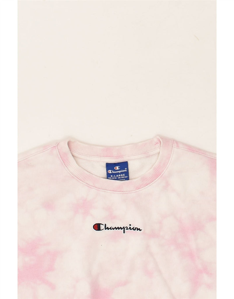 CHAMPION Girls Graphic Sweatshirt Jumper 13-14 Years XL  Pink Tie Dye | Vintage Champion | Thrift | Second-Hand Champion | Used Clothing | Messina Hembry 