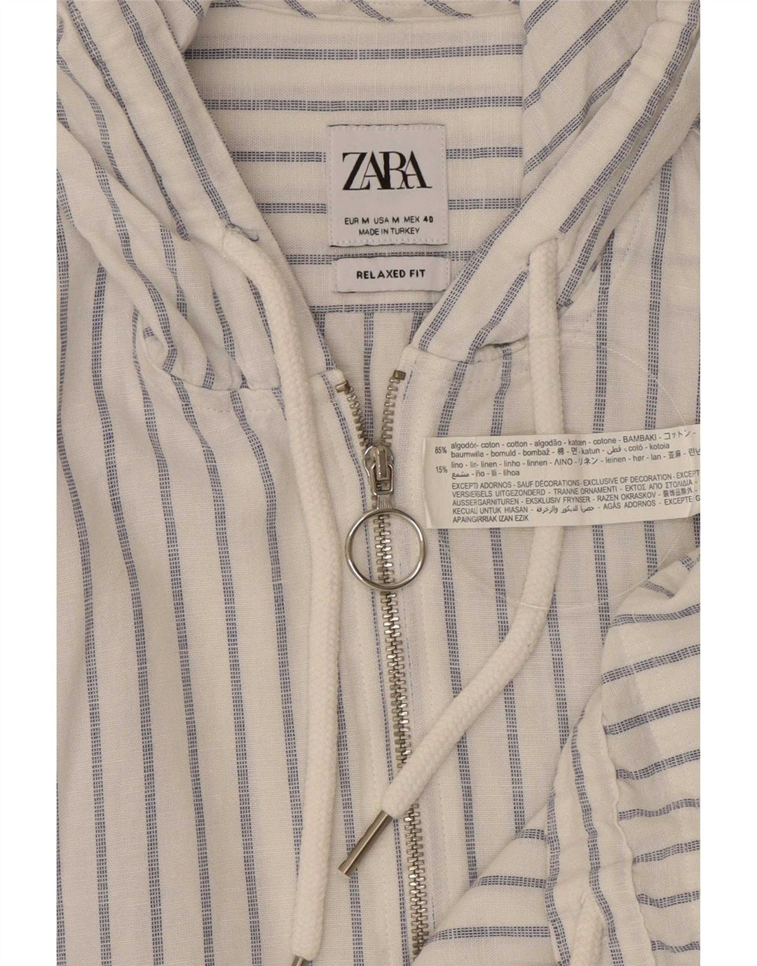 Zara Mens Hooded Relaxed Fit Pullover Shirt Medium Blue Pinstripe Cotton