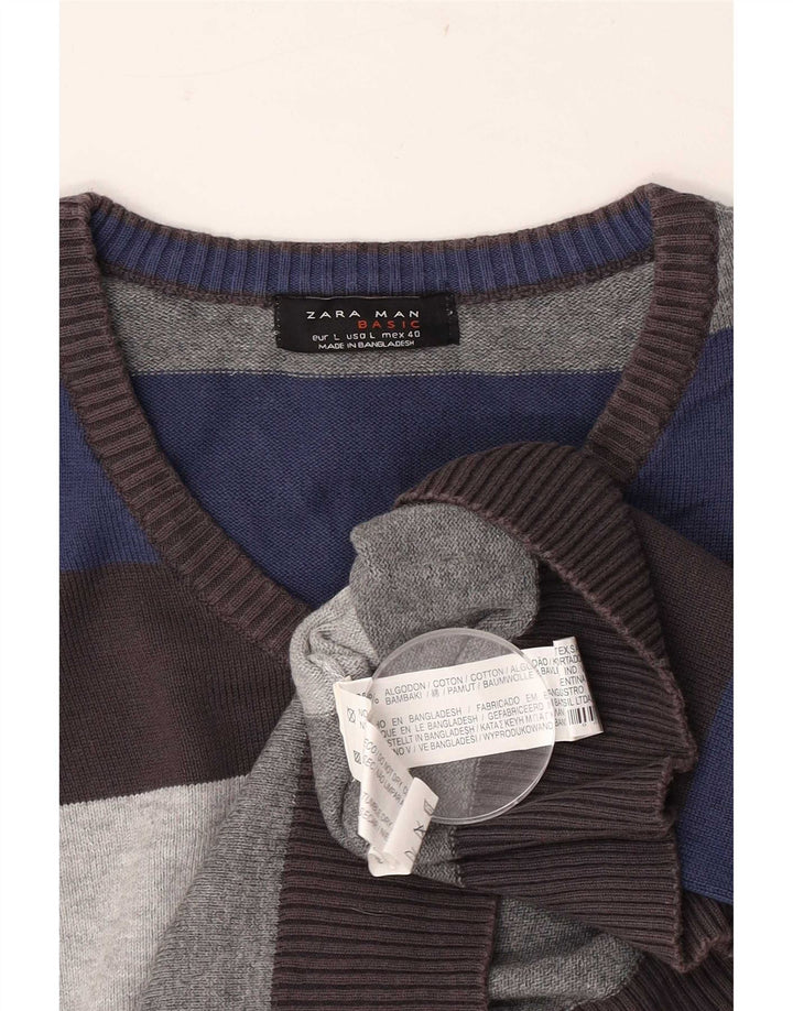Zara Mens V-Neck Jumper Sweater Large Multicoloured Striped Cotton