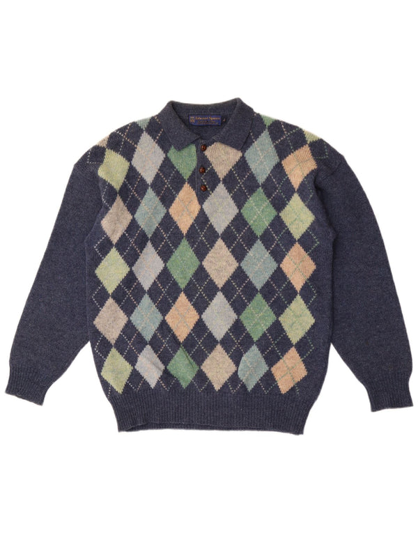 Edward Spiers Mens Polo Neck Jumper Sweater Large Navy Blue Argyle/Diamond