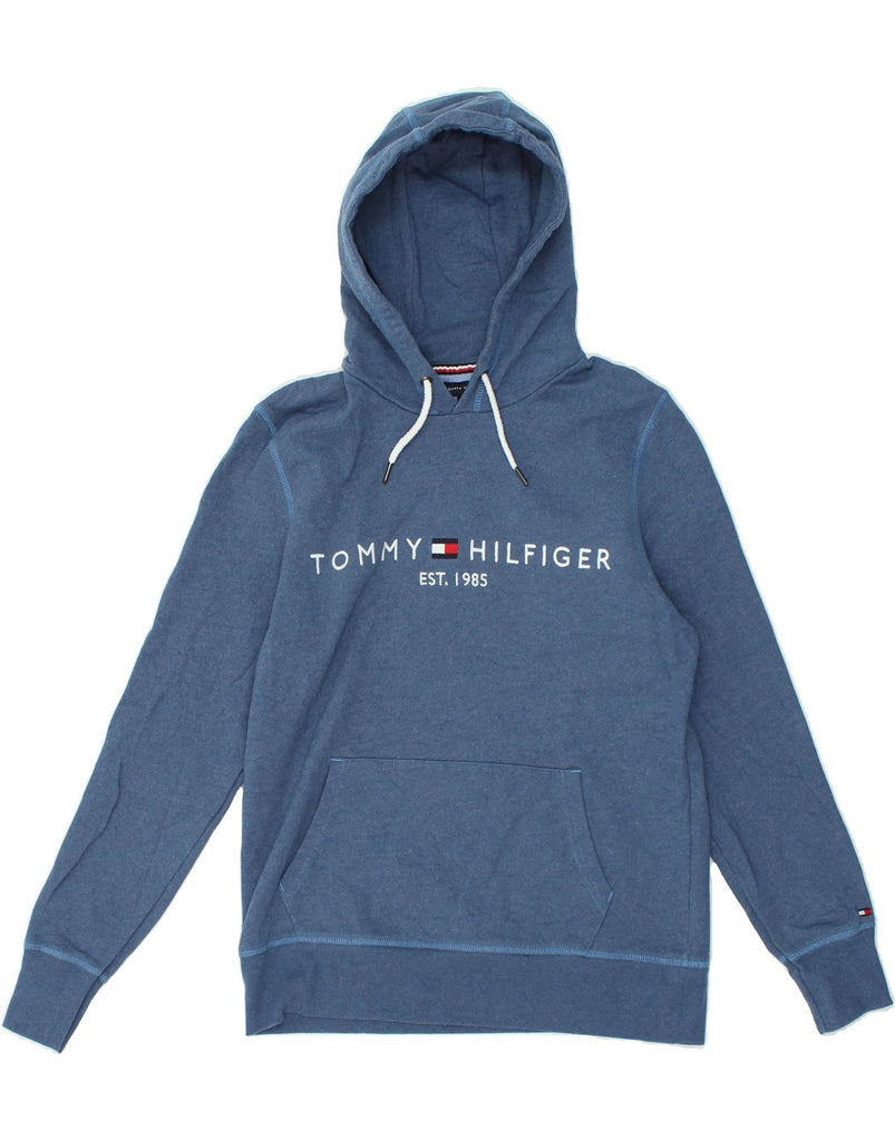 TOMMY HILFIGER Womens Graphic Hoodie Jumper UK 14 Medium Blue Cotton | Vintage Tommy Hilfiger | Thrift | Second-Hand Tommy Hilfiger | Used Clothing | Messina Hembry 