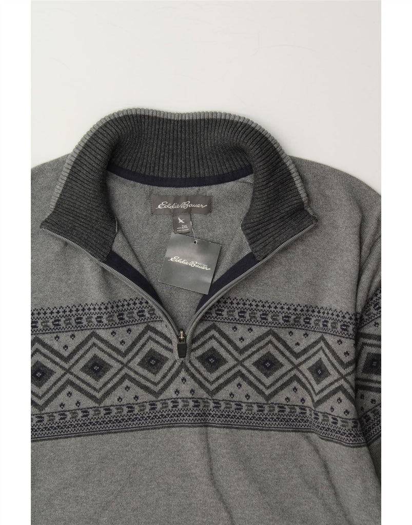 EDDIE BAUER Mens Zip Neck Jumper Sweater 2XL Grey Fair Isle Cotton Vintage Eddie Bauer and Second-Hand Eddie Bauer from Messina Hembry 