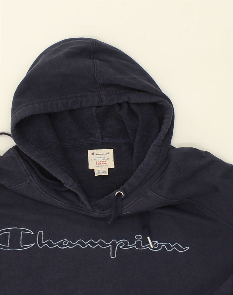 CHAMPION Mens Graphic Hoodie Jumper XL Navy Blue Cotton | Vintage Champion | Thrift | Second-Hand Champion | Used Clothing | Messina Hembry 
