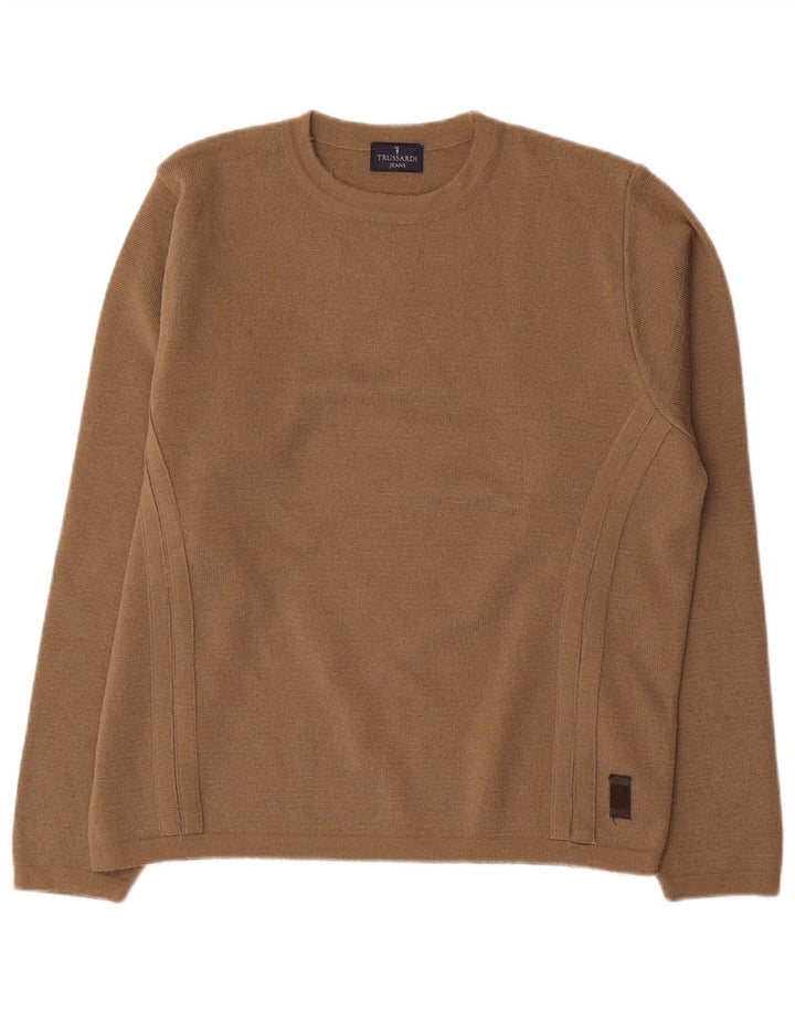 Trussardi Jeans Mens Crew Neck Jumper Sweater Medium Brown Wool