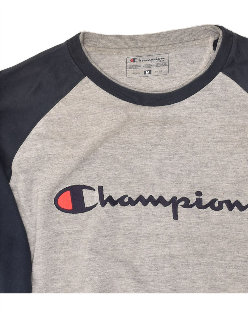 CHAMPION Mens Graphic Top Long Sleeve Medium Grey Colourblock Cotton | Vintage Champion | Thrift | Second-Hand Champion | Used Clothing | Messina Hembry 