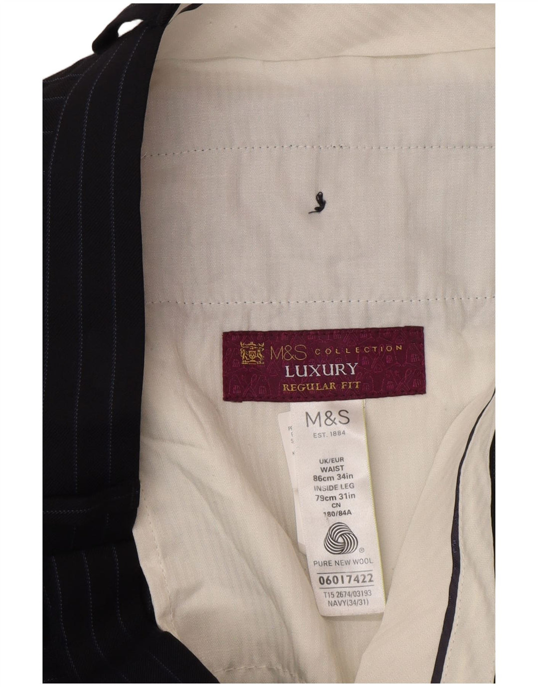 Marks & Spencer Mens Regular Fit Suit Trousers W34 L31 Navy Blue Striped