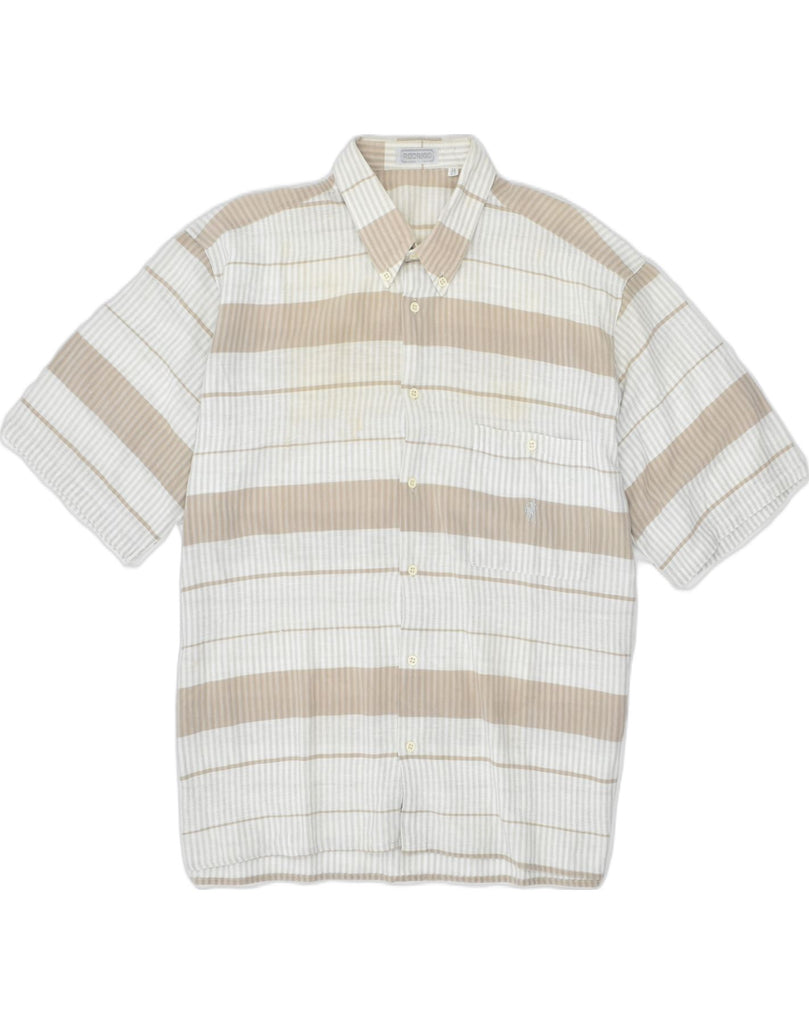 RODRIGO Mens Short Sleeve Shirt Size 16 41 Large Beige Striped Cotton | Vintage | Thrift | Second-Hand | Used Clothing | Messina Hembry 