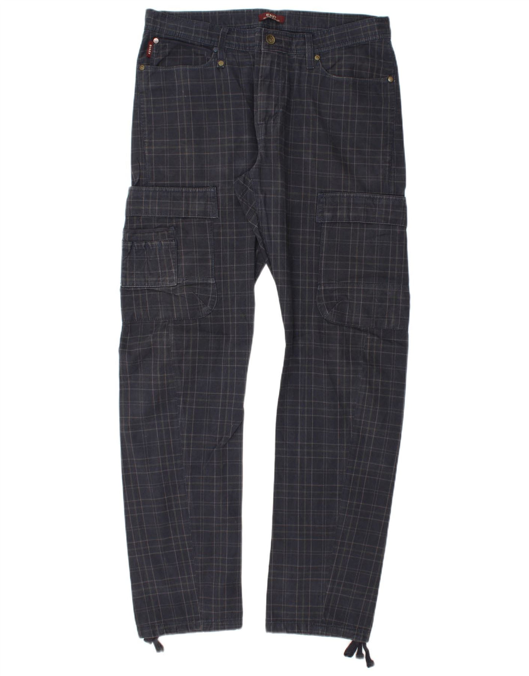 Sisley Mens Straight Cargo Trousers W34 L33 Navy Blue Check
