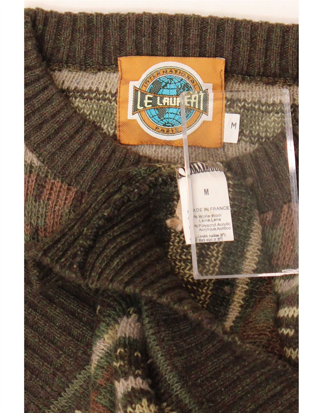 Le Laureat Mens Crew Neck Jumper Sweater Medium Khaki Geometric Wool