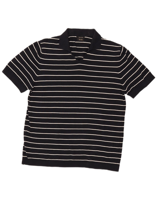 Massimo Dutti Mens Polo Shirt XL Black Striped Cotton Nautical