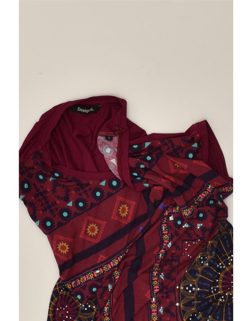 DESIGUAL Womens Graphic T-Shirt Top UK 10 Small Burgundy Geometric Viscose | Vintage Desigual | Thrift | Second-Hand Desigual | Used Clothing | Messina Hembry 