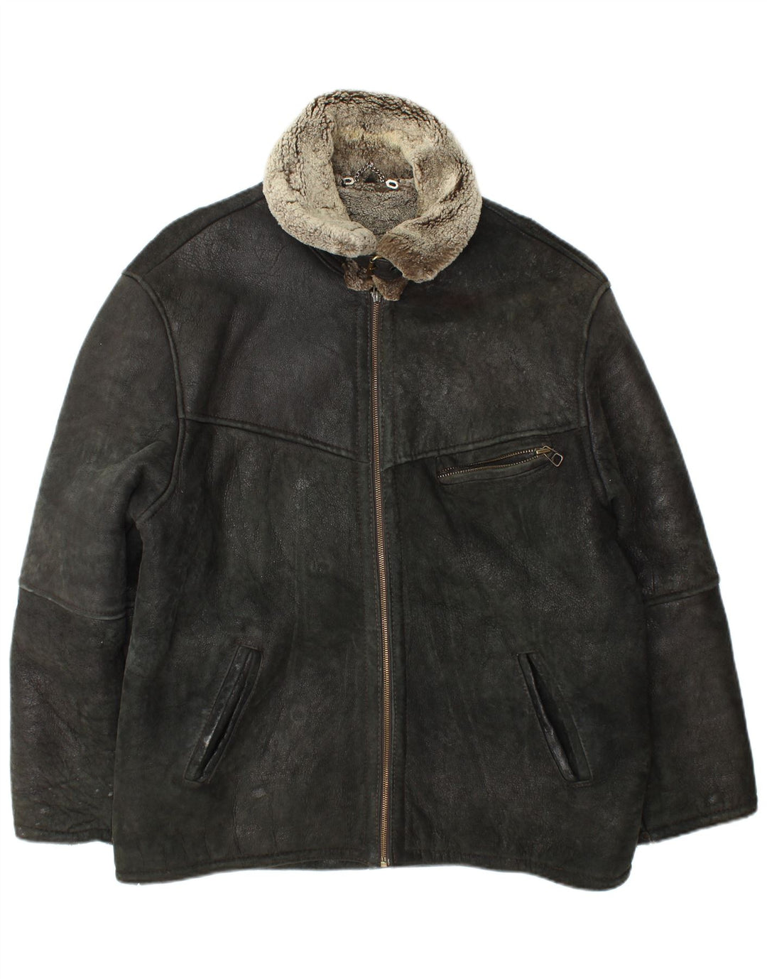 Vintage Mens Shearling Jacket UK 42 XL Black Leather