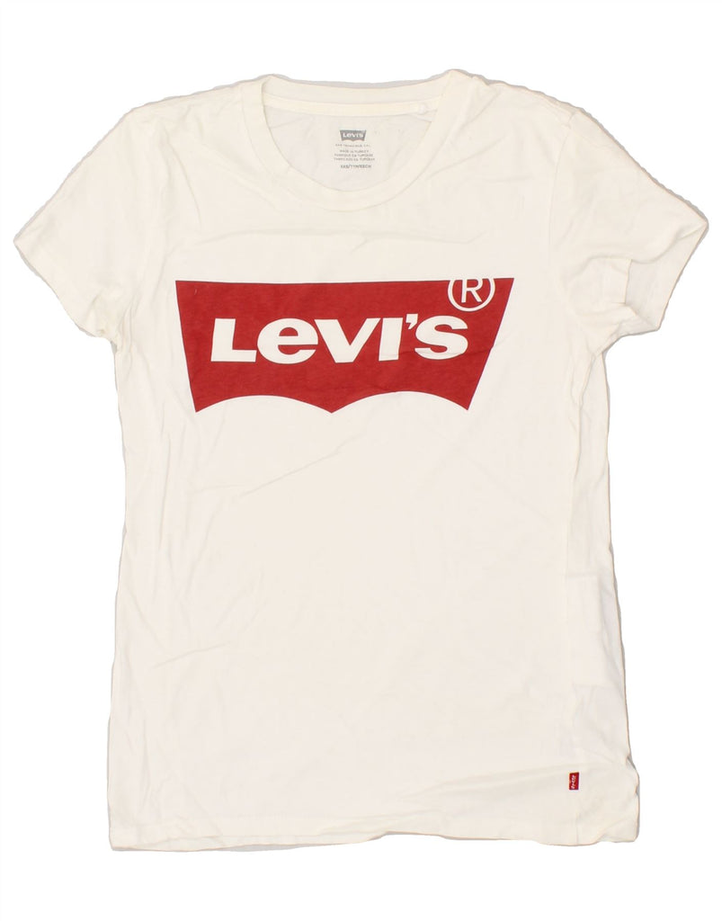 LEVI'S Womens Graphic T-Shirt Top UK 2 2XS Off White Cotton | Vintage Levi's | Thrift | Second-Hand Levi's | Used Clothing | Messina Hembry 