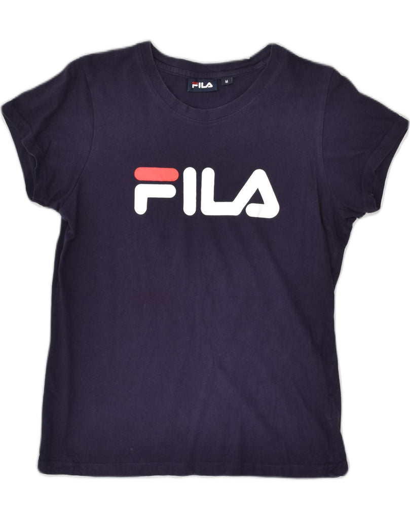 FILA Womens Graphic T-Shirt Top UK 12 Medium Navy Blue Cotton | Vintage Fila | Thrift | Second-Hand Fila | Used Clothing | Messina Hembry 