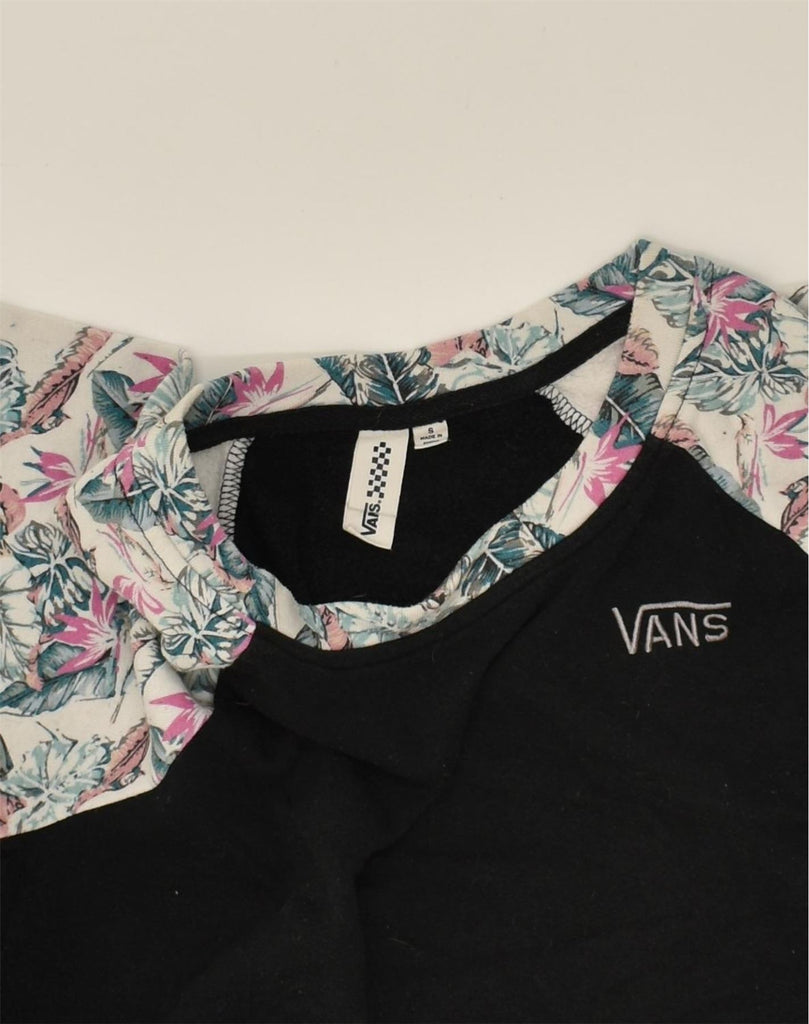 VANS Womens Loose Fit Crop Top 3/4 Sleeve UK 8 Small Black Floral Cotton | Vintage Vans | Thrift | Second-Hand Vans | Used Clothing | Messina Hembry 