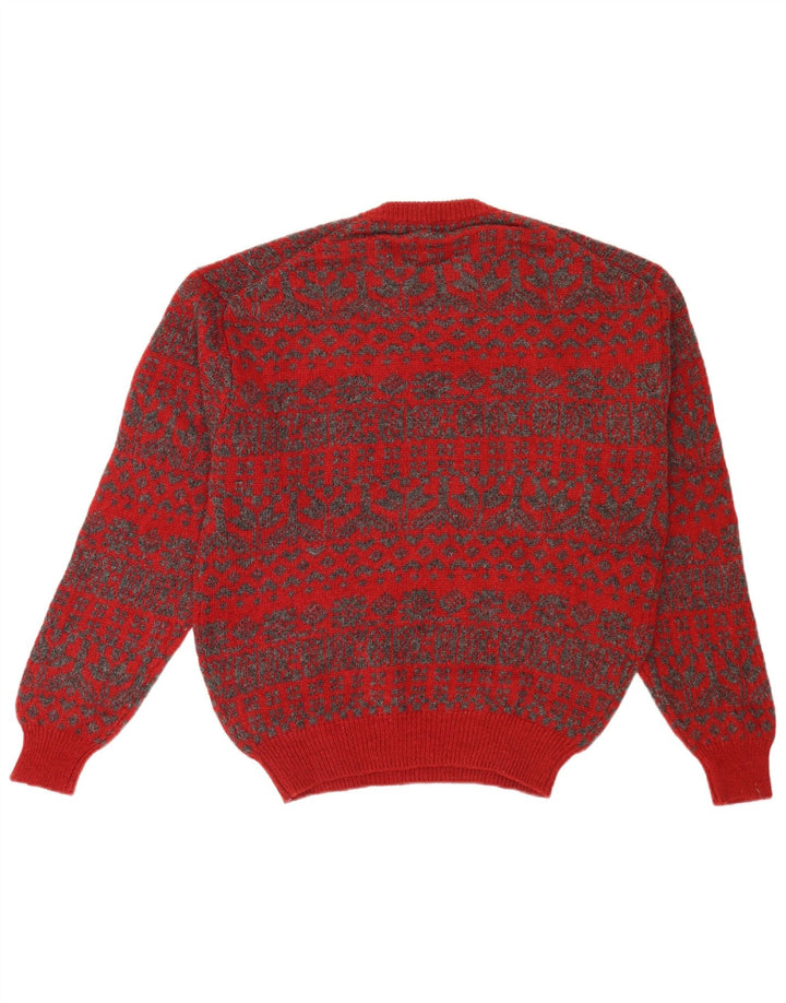 Vintage Mens Crew Neck Jumper Sweater Medium Red Fair Isle Retro