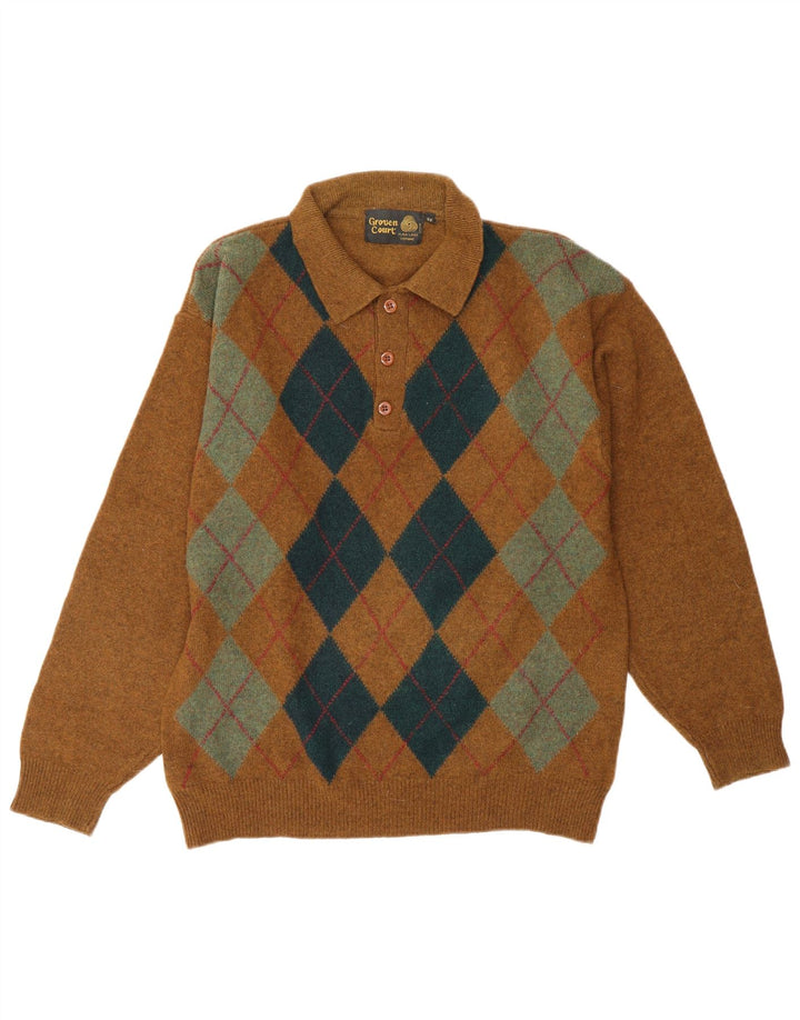 VINTAGE Mens Polo Neck Jumper Sweater IT 48 Small Brown Argyle/Diamond
