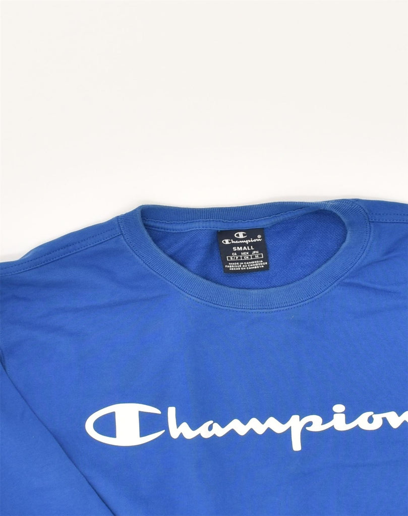 CHAMPION Mens Graphic Sweatshirt Jumper Small Blue Cotton | Vintage Champion | Thrift | Second-Hand Champion | Used Clothing | Messina Hembry 