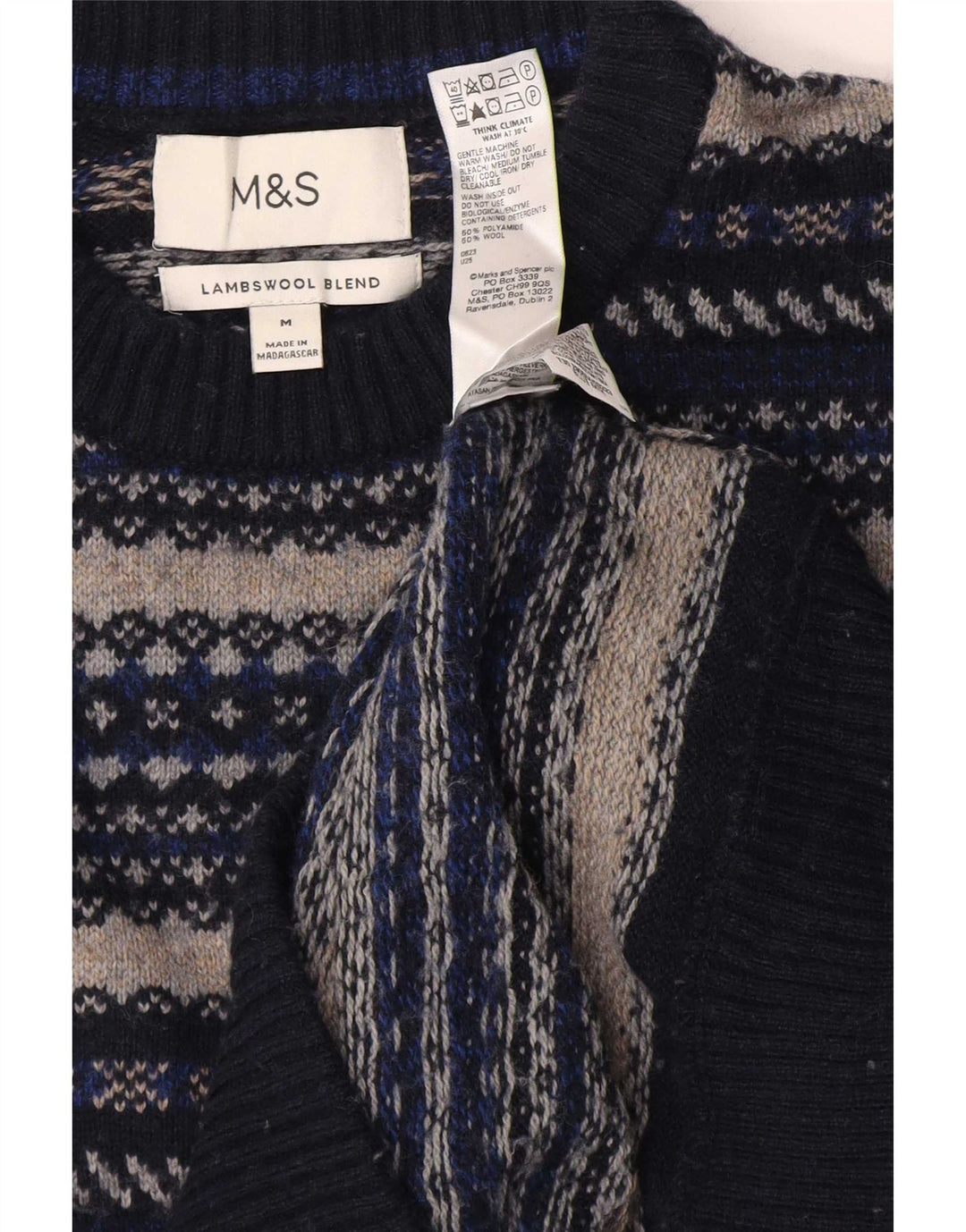 Marks & Spencer Mens Crew Neck Jumper Sweater Medium Navy Blue Fair Isle