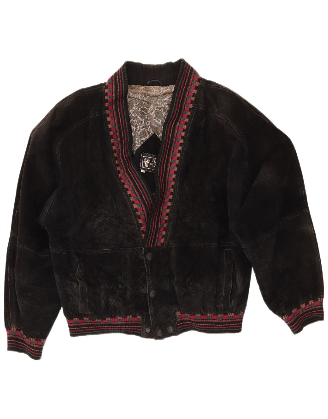 VINTAGE Womens Oversized Suede Jacket UK 18 XL Black Geometric Leather