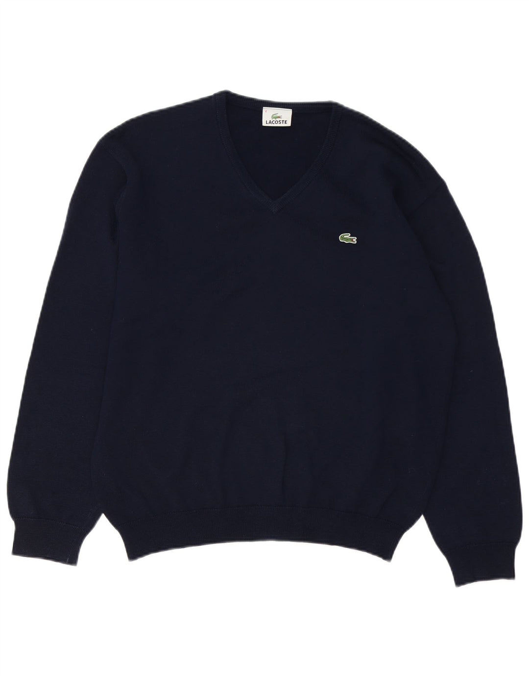 Lacoste Mens V-Neck Jumper Sweater Size 4 Medium Navy Blue Virgin Wool