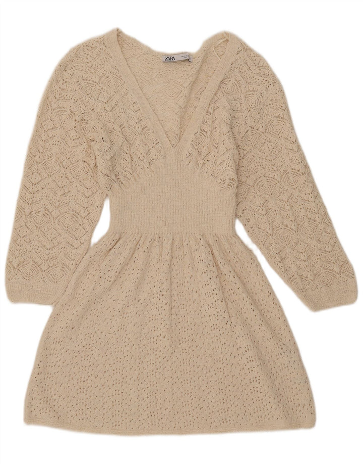 Zara Womens 3/4 Sleeve Jumper Dress UK 12 Medium White Polyester