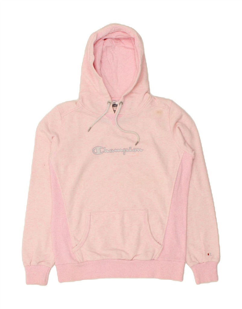 CHAMPION Womens Graphic Hoodie Jumper UK 16 Large Pink Colourblock Cotton Vintage Champion and Second-Hand Champion from Messina Hembry 