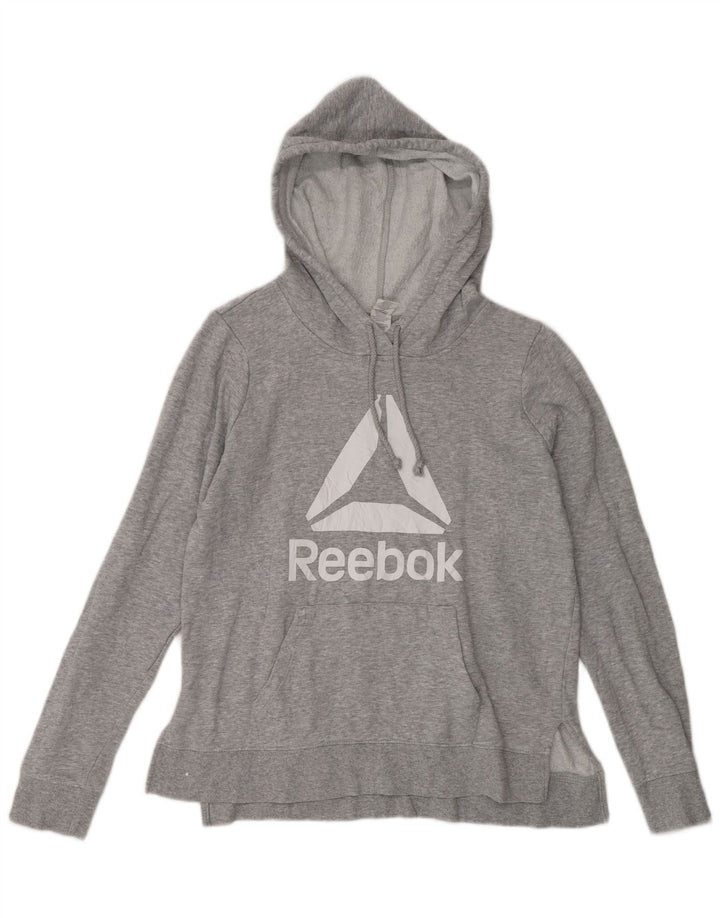 REEBOK Womens Graphic Hoodie Jumper UK 14 Medium Grey Flecked Cotton