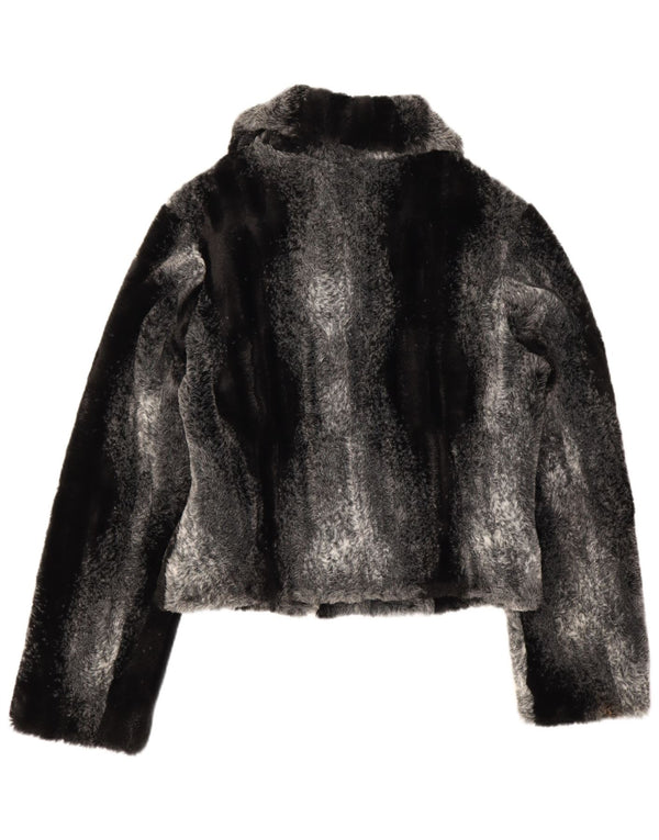 CLASSIC Womens Crop Faux Fur Jacket UK 12 Medium Black Striped Acrylic