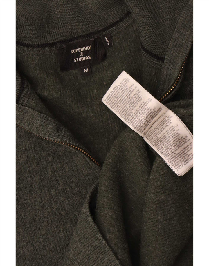 Superdry Mens Zip Neck Jumper Sweater Medium Khaki Merino Wool