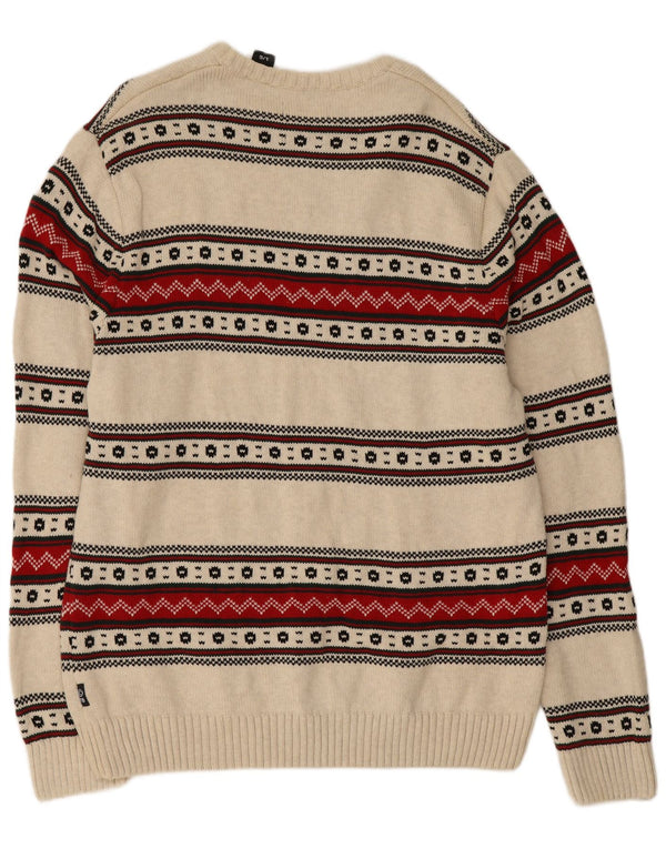 Chaps Mens Crew Neck Jumper Sweater Large Beige Fair Isle Cotton