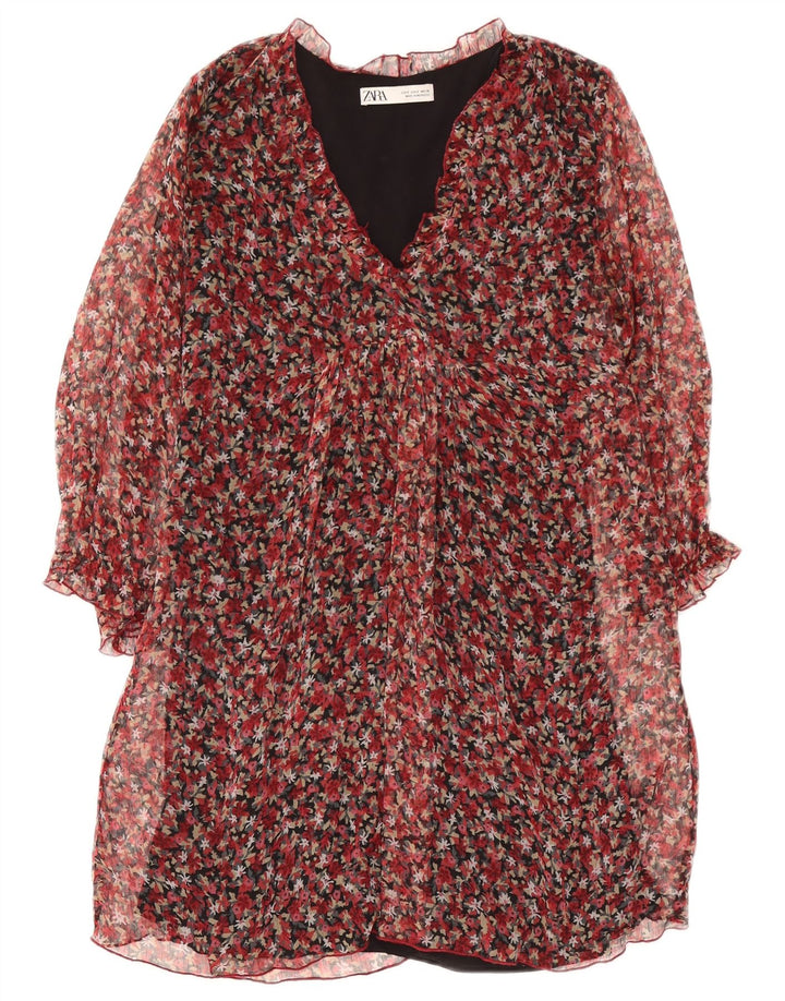 Zara Womens Long Sleeve Shift Dress UK 10 Small Red Floral Polyester