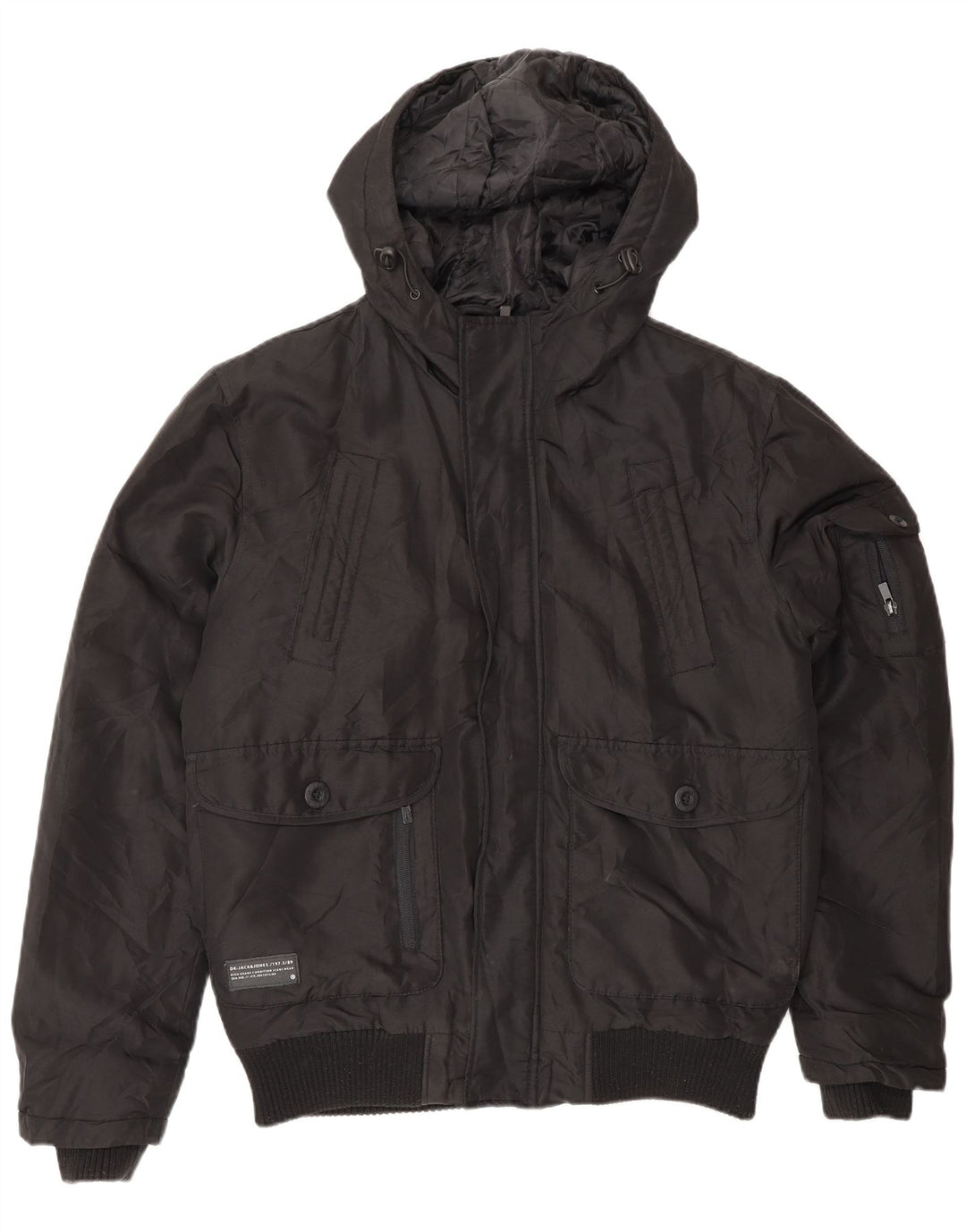 Jack & Jones Mens Hooded Bomber Jacket UK 36 Small Black Polyamide