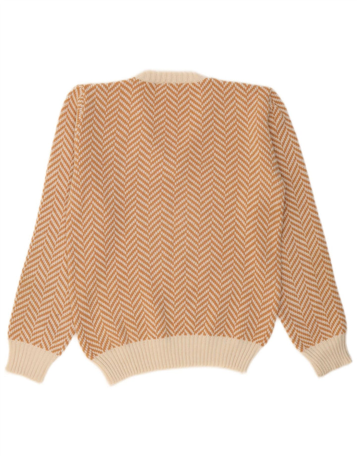 VINTAGE Mens V-Neck Jumper Sweater Small Beige Herringbone