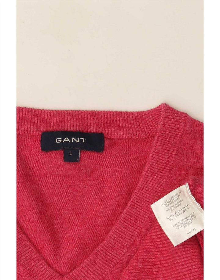 Gant Mens V-Neck Jumper Sweater Large Pink Cotton