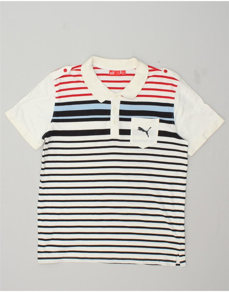 PUMA Mens Polo Shirt Large White Striped Cotton | Vintage Puma | Thrift | Second-Hand Puma | Used Clothing | Messina Hembry 