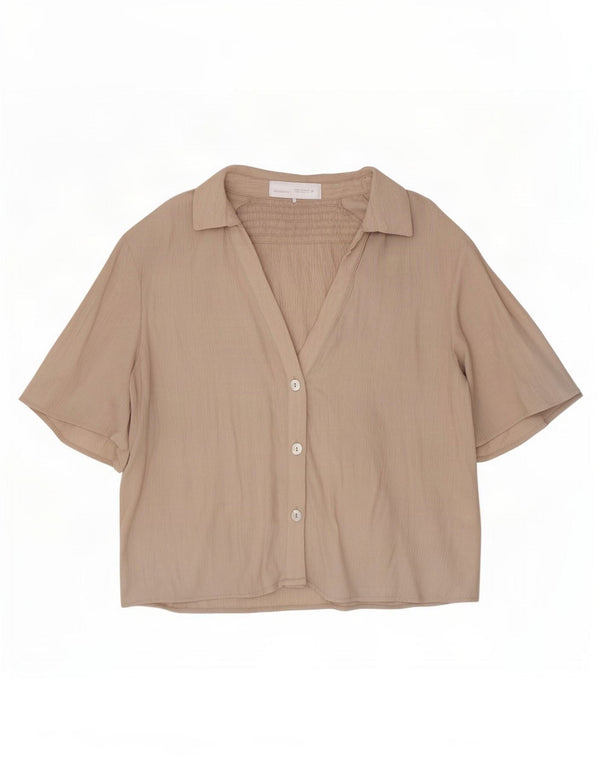 Zara Womens Short Sleeve Oversized Shirt Blouse UK 6 XS Beige Viscose