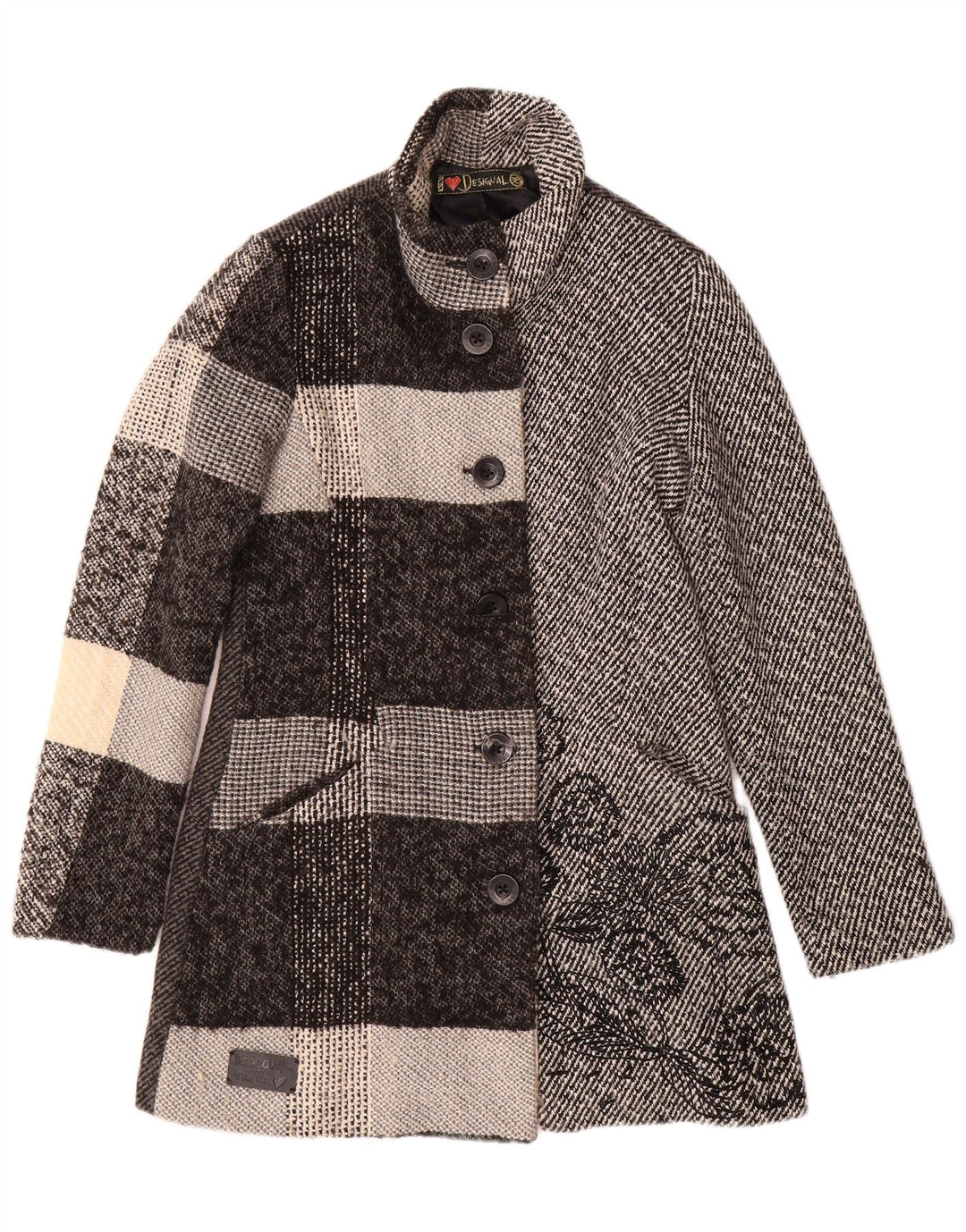 DESIGUAL Womens Overcoat EU 38 Medium Grey Patchwork Polyester