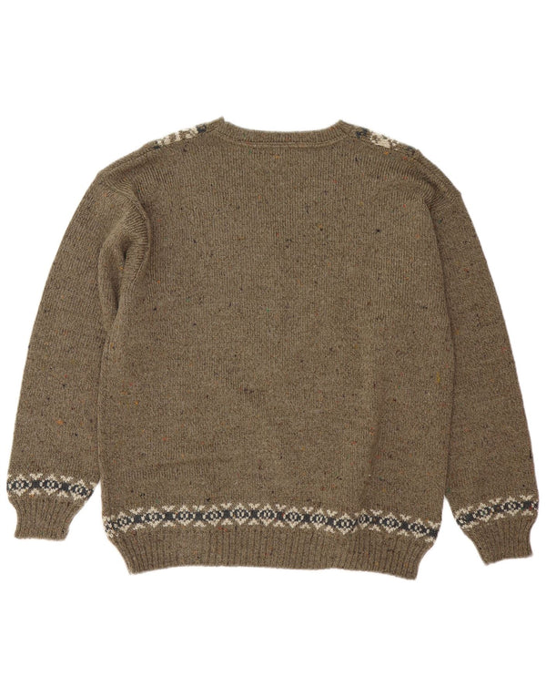 Vintage Mens V-Neck Jumper Sweater Medium Khaki Fair Isle