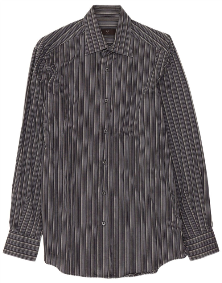 Zegna Mens Shirt Medium Grey Striped Cotton
