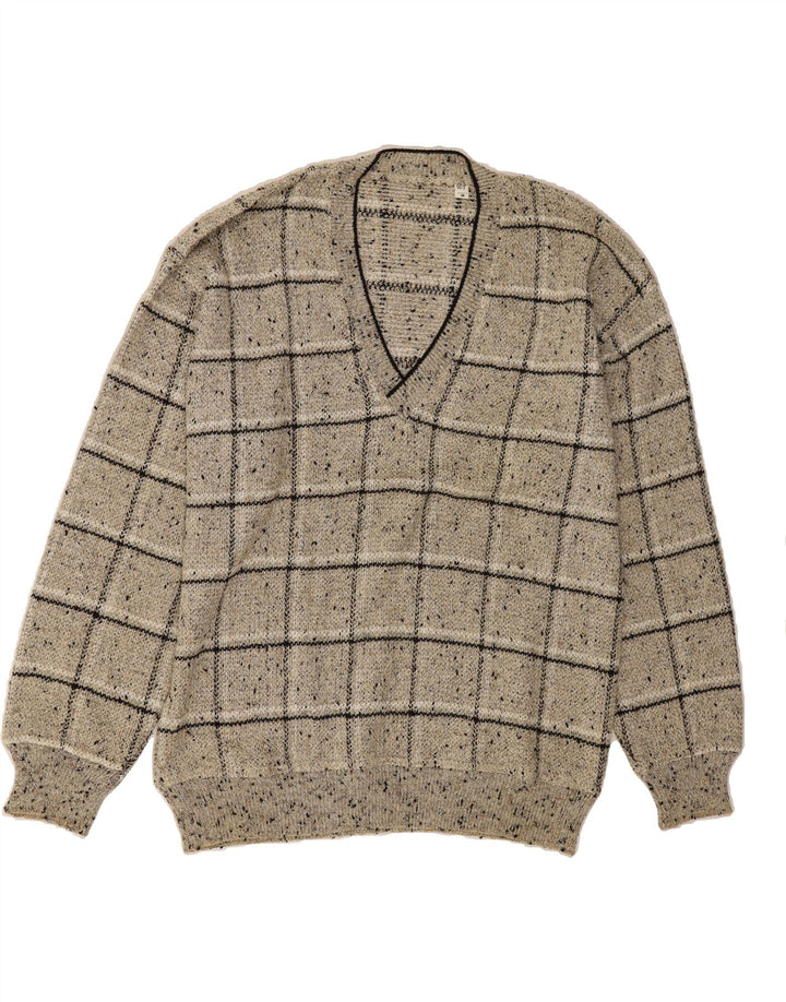 VINTAGE Mens V-Neck Jumper Sweater Medium Grey Check Cotton Vintage Vintage and Second-Hand Vintage from Messina Hembry 