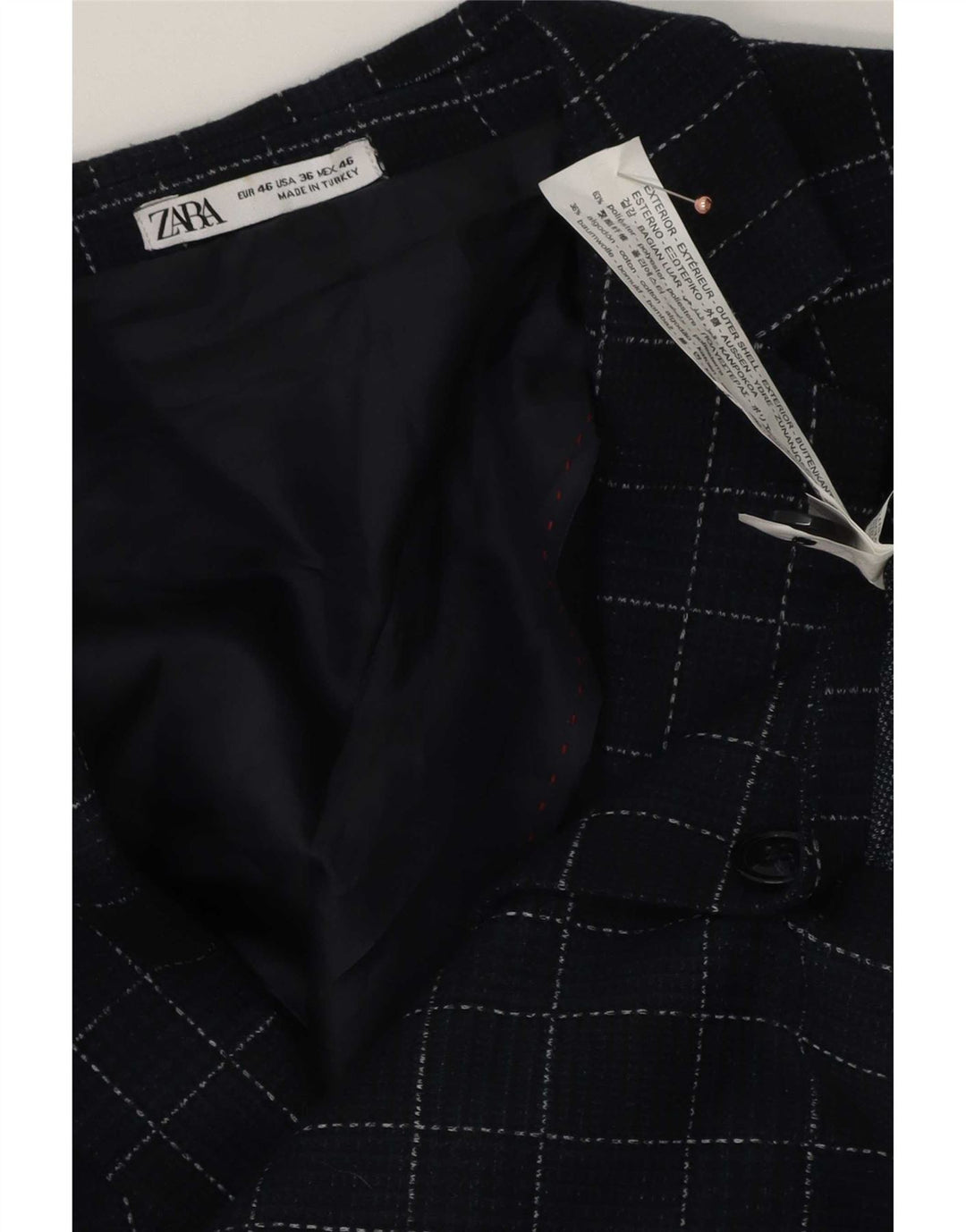 Zara Mens 2 Button Blazer Jacket EU 46 Small Navy Blue Check Polyester