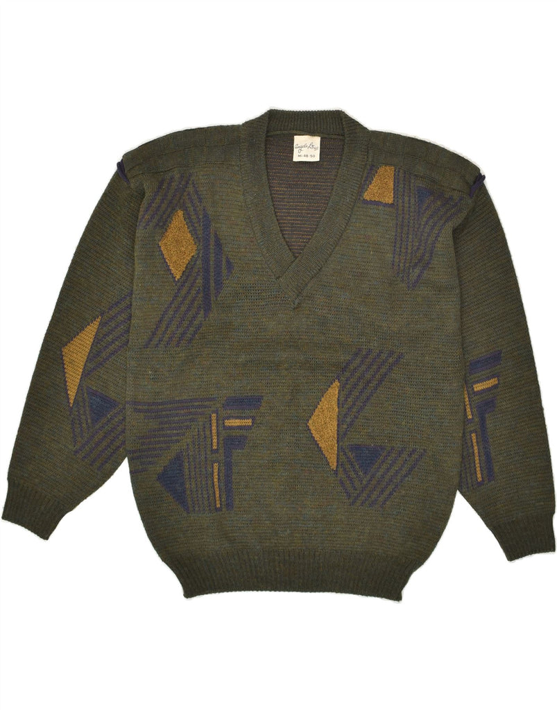 ANGELO LITRICO Mens V-Neck Jumper Sweater Medium Green Geometric Acrylic Vintage Angelo Litrico and Second-Hand Angelo Litrico from Messina Hembry 