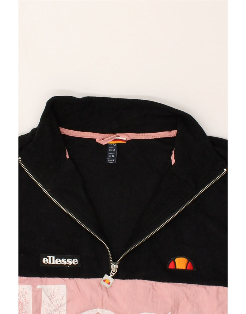 ELLESSE Womens Graphic Zip Neck Fleece Jumper UK 14 Large Black | Vintage Ellesse | Thrift | Second-Hand Ellesse | Used Clothing | Messina Hembry 