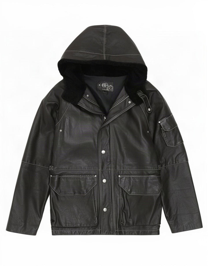 Belfe Mens Hooded Leather Jacket UK 38 Medium Black