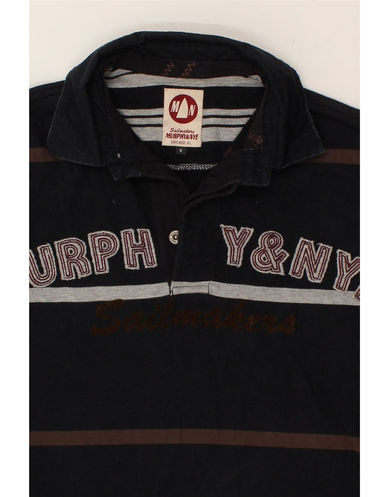 MURPHY & NYE Mens Graphic Long Sleeve Polo Shirt Small Navy Blue Striped | Vintage Murphy & Nye | Thrift | Second-Hand Murphy & Nye | Used Clothing | Messina Hembry 