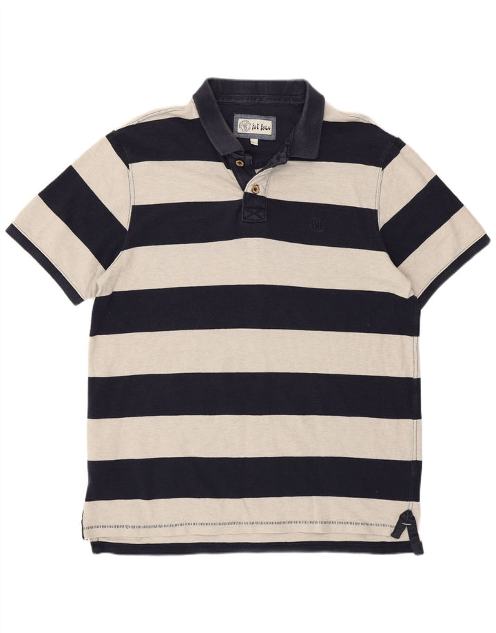 Fat Face Mens Polo Shirt Large Navy Blue Striped Cotton